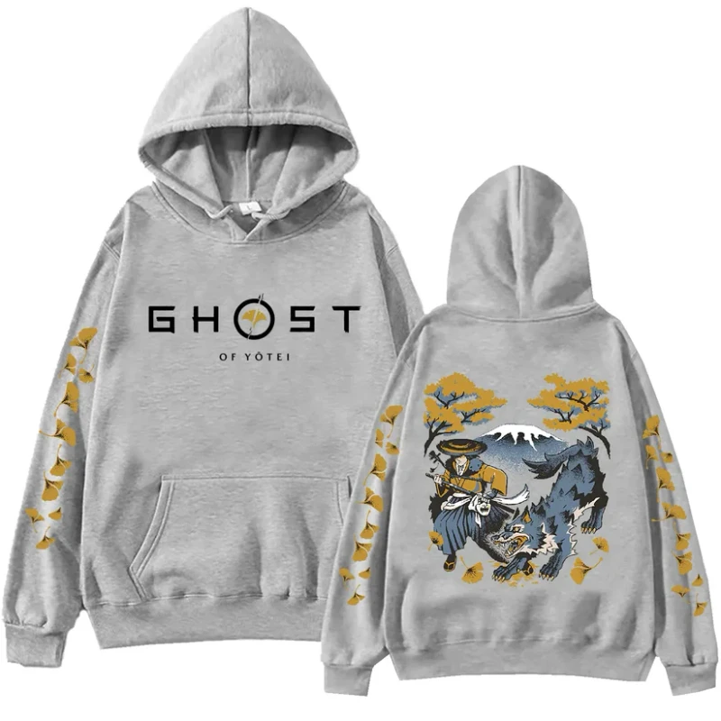 Ghost of Yotei Gray Hoodie – Atsu, Wolf & Mount Yotei — Premium Streetwear by Huzi Style